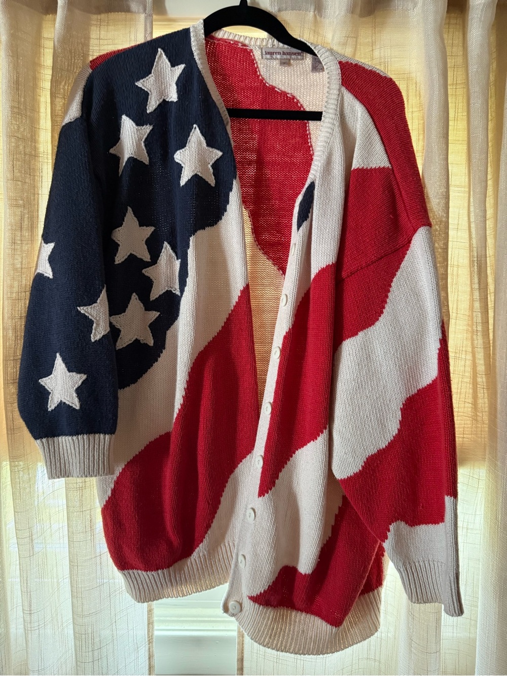 Lauren Hansen vintage American flag patch work cardigan sweater